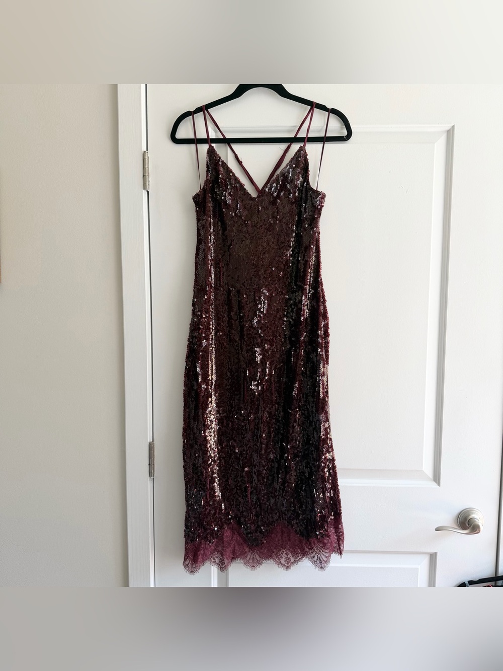 Francesca’s Burgundy Red Sequins and Lace Midi Sleevess Dress